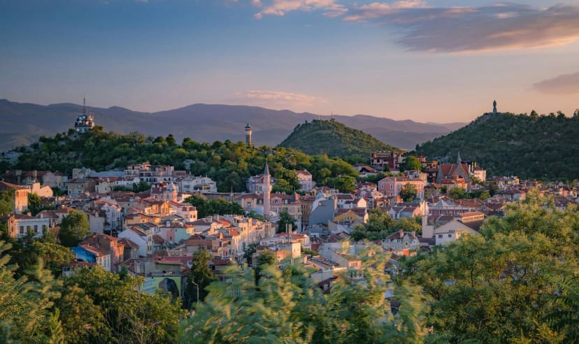 Plovdivo panorama saulėlydžio metu